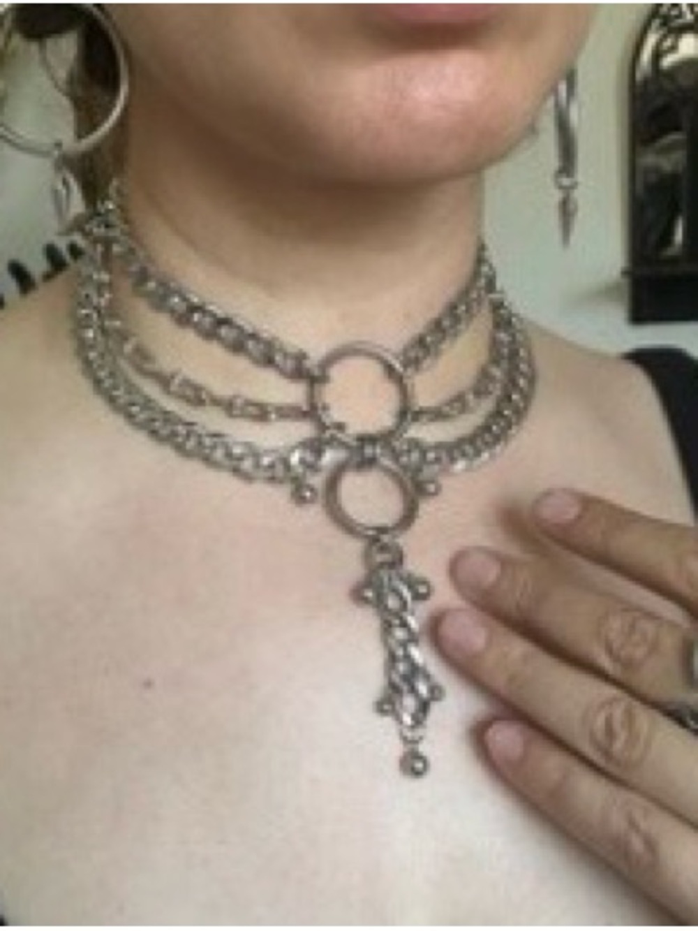 Silver Multi-Layer Ring Pendant Choker Necklace